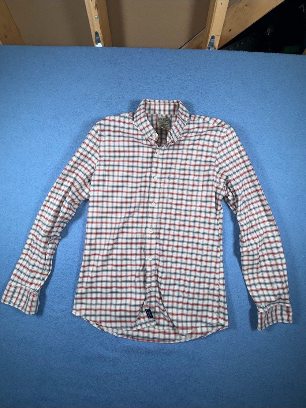 L.L. Bean White Button-Down Shirt with Red and Blue Plaid